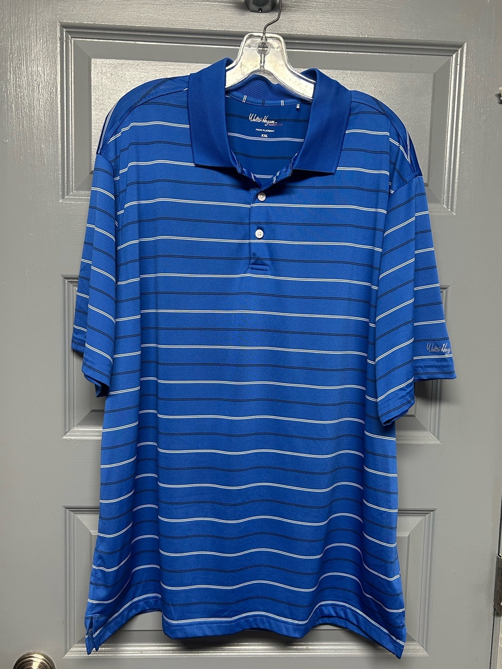 WALTER HAGEN ESSENTIALS MENS STRIPED GOLF POLO. Size XXL blue/black/white nice!